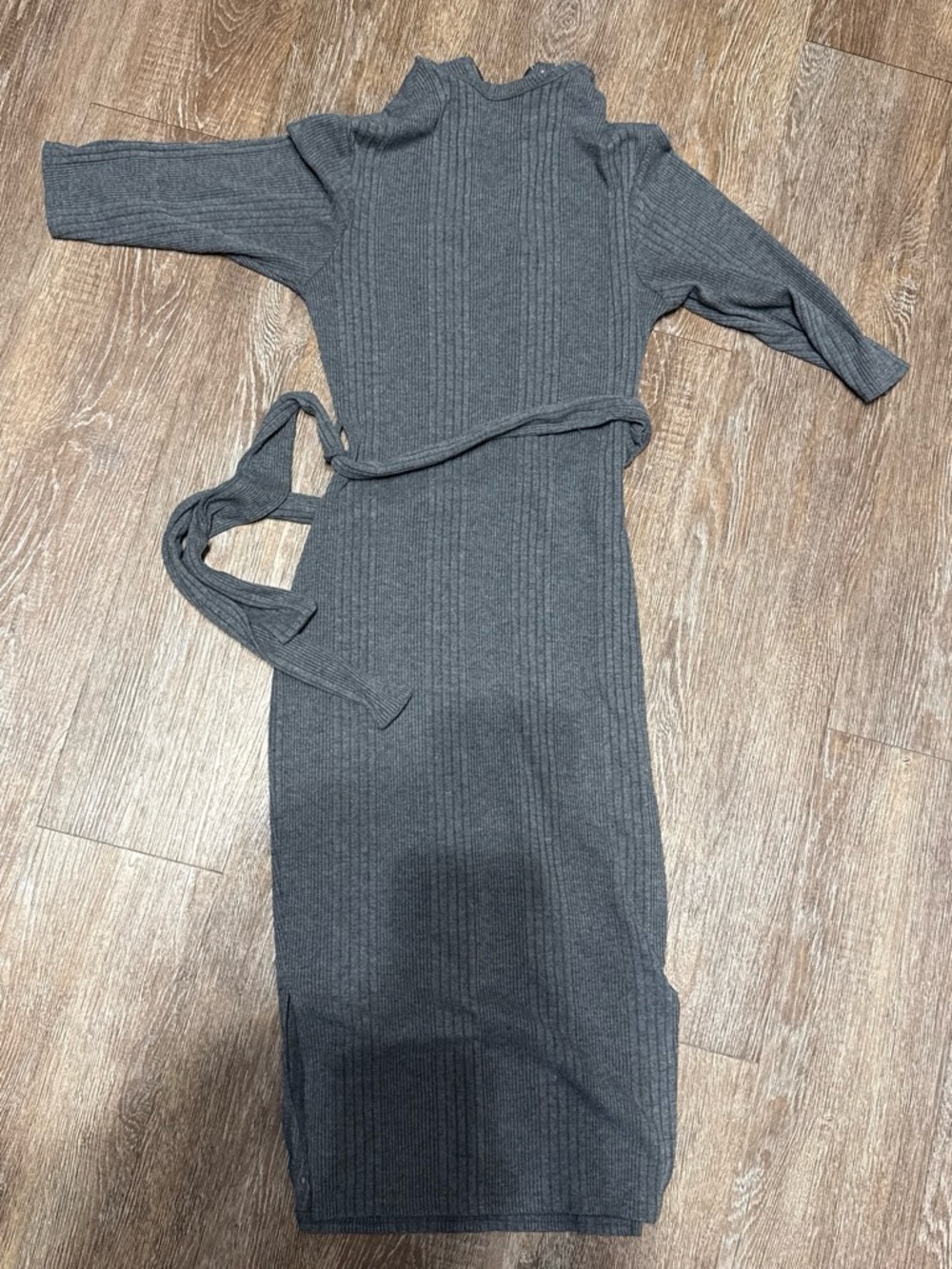 Ribbed Knit Midi Dress with Self-Tie Waist - Charcoal Gray